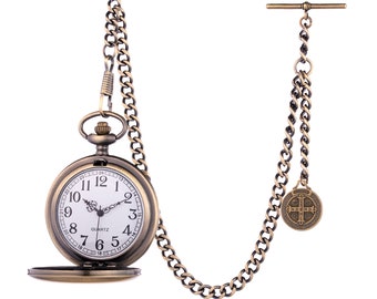 Antiek design bronskleurig quartz zakhorloge met Albert Fob-ketting