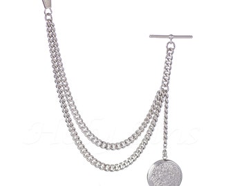 May include: A silver pocket watch chain with a double chain and a round fob. The chain has a T-bar clasp and a swivel hook.