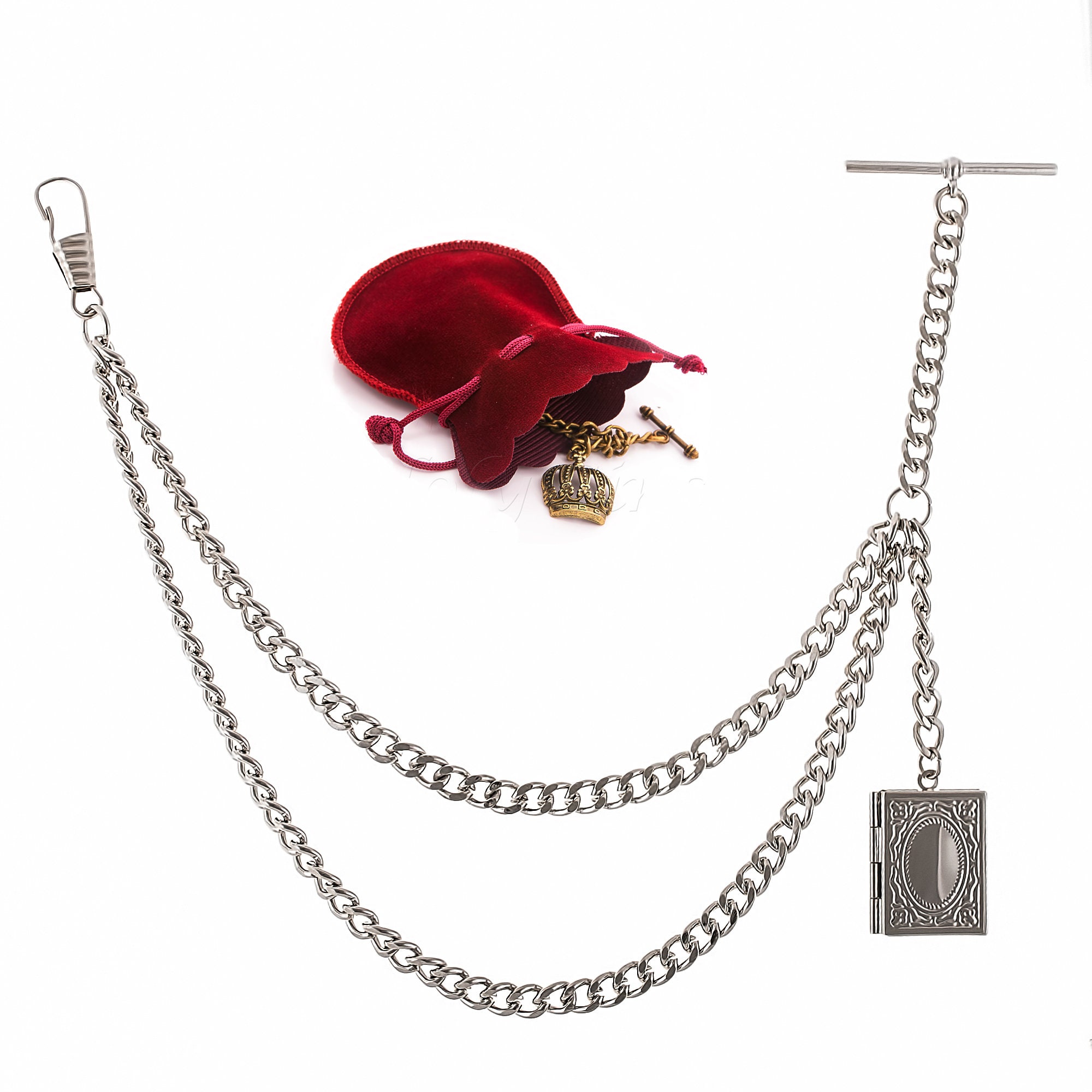 ZTA Albert Kette Für Taschenuhren | Mit Kompass Anhänger | Silber & Gold Erhältlich