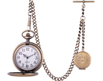 Quartz Pocket Watch Antique Design Bronze Colour  With Albert Fob Chain