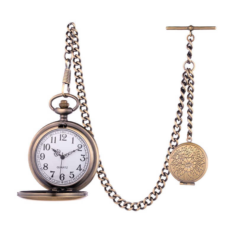 Quartz Pocket Watch Antique Design Bronze Colour With Albert Fob Chain zdjęcie 1