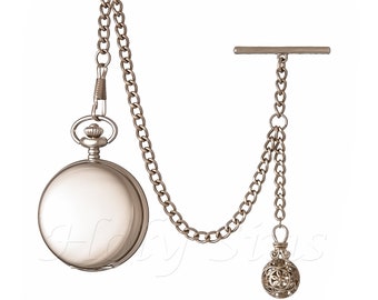 Handmade in the UK Silver Colour Quartz Pocket Watch with Pocket Chain