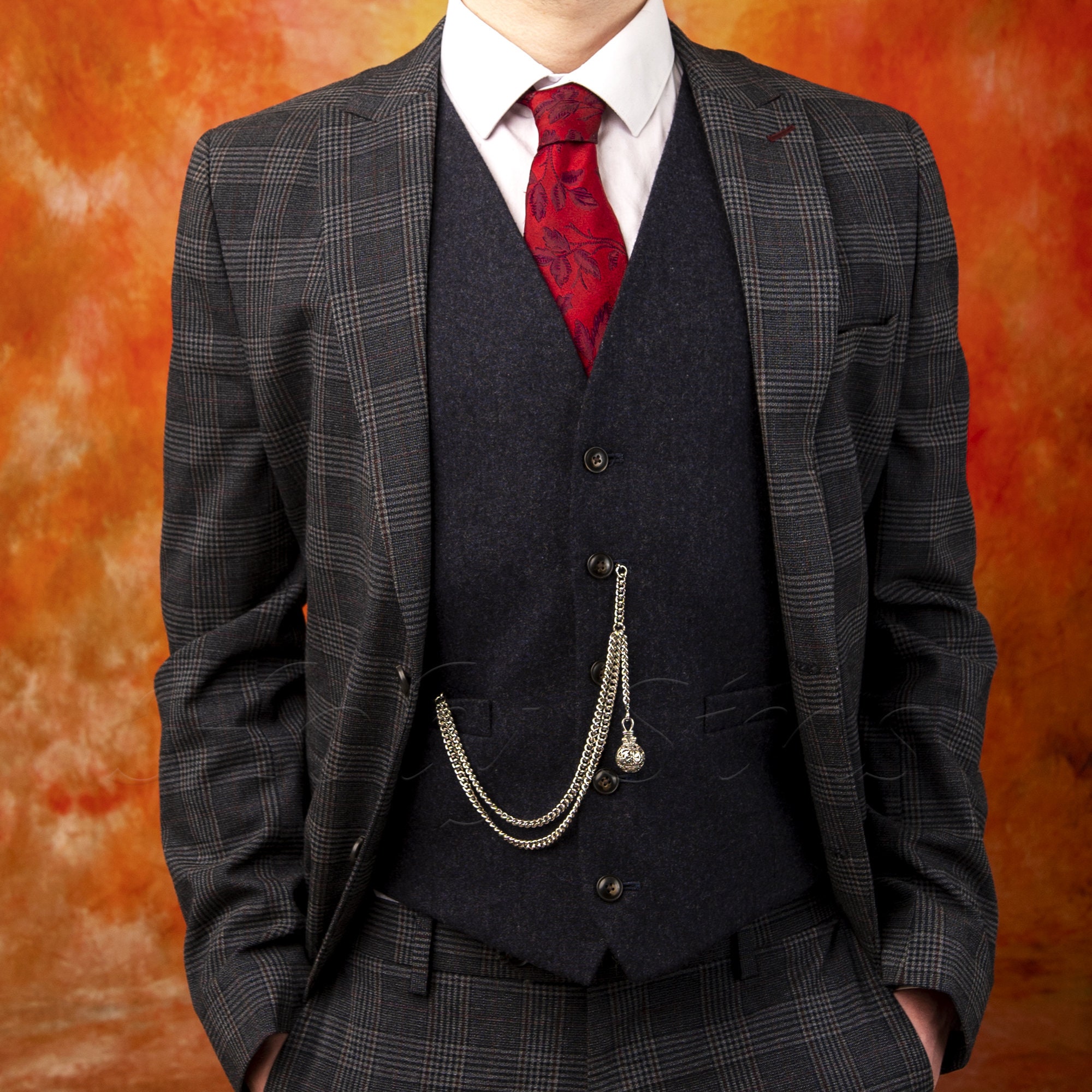Catena da orologio da tasca Double Albert Peaky Blinders, ciondolo con lama di rasoio, colore argento, 4 misure - Italia