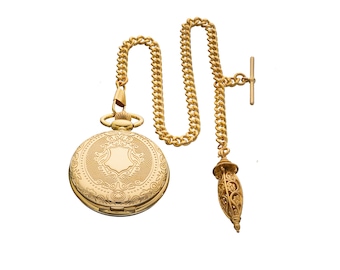 Antique Design Gold Colour Quartz Pocket Watch With Albert Fob Chain