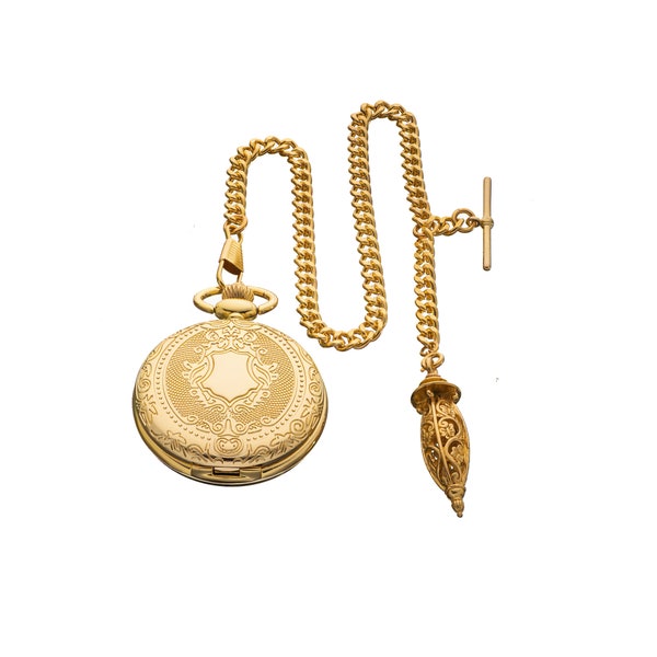 Antique Design Gold Colour Quartz Pocket Watch With Albert Fob Chain