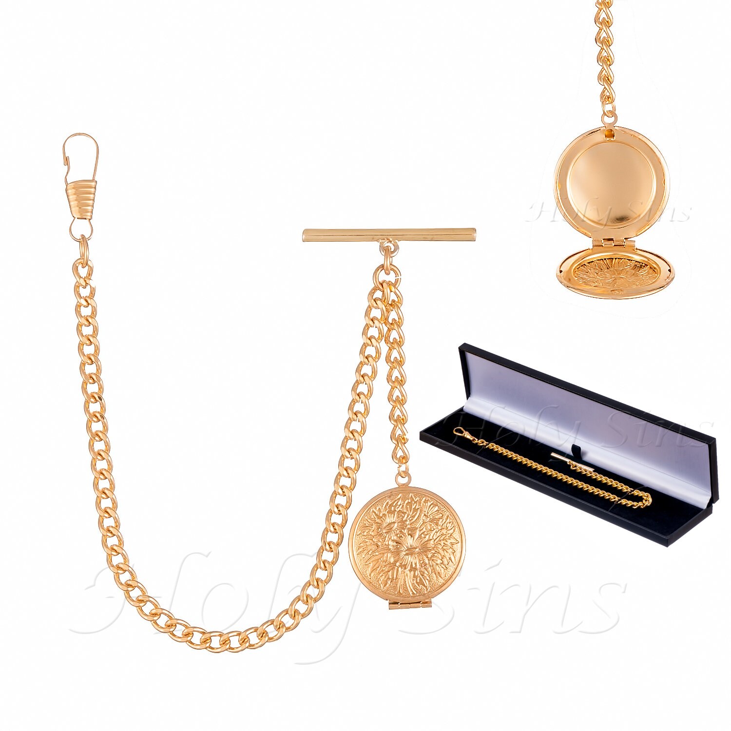 Gold Colour Single Albert Pocket Watch Chain With Locket Etsy Canada