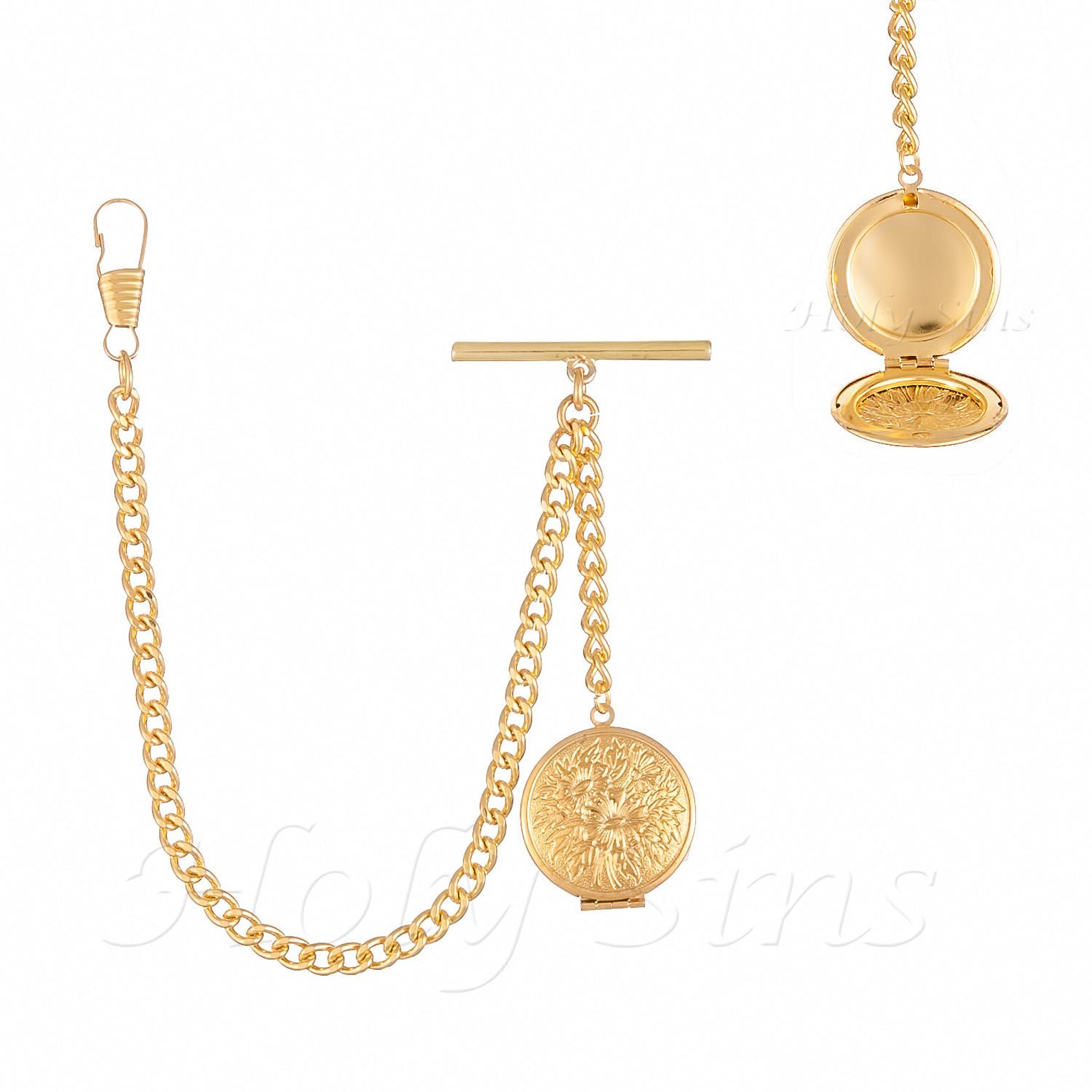 Gold Colour Single Albert Pocket Watch Chain With Locket Etsy UK