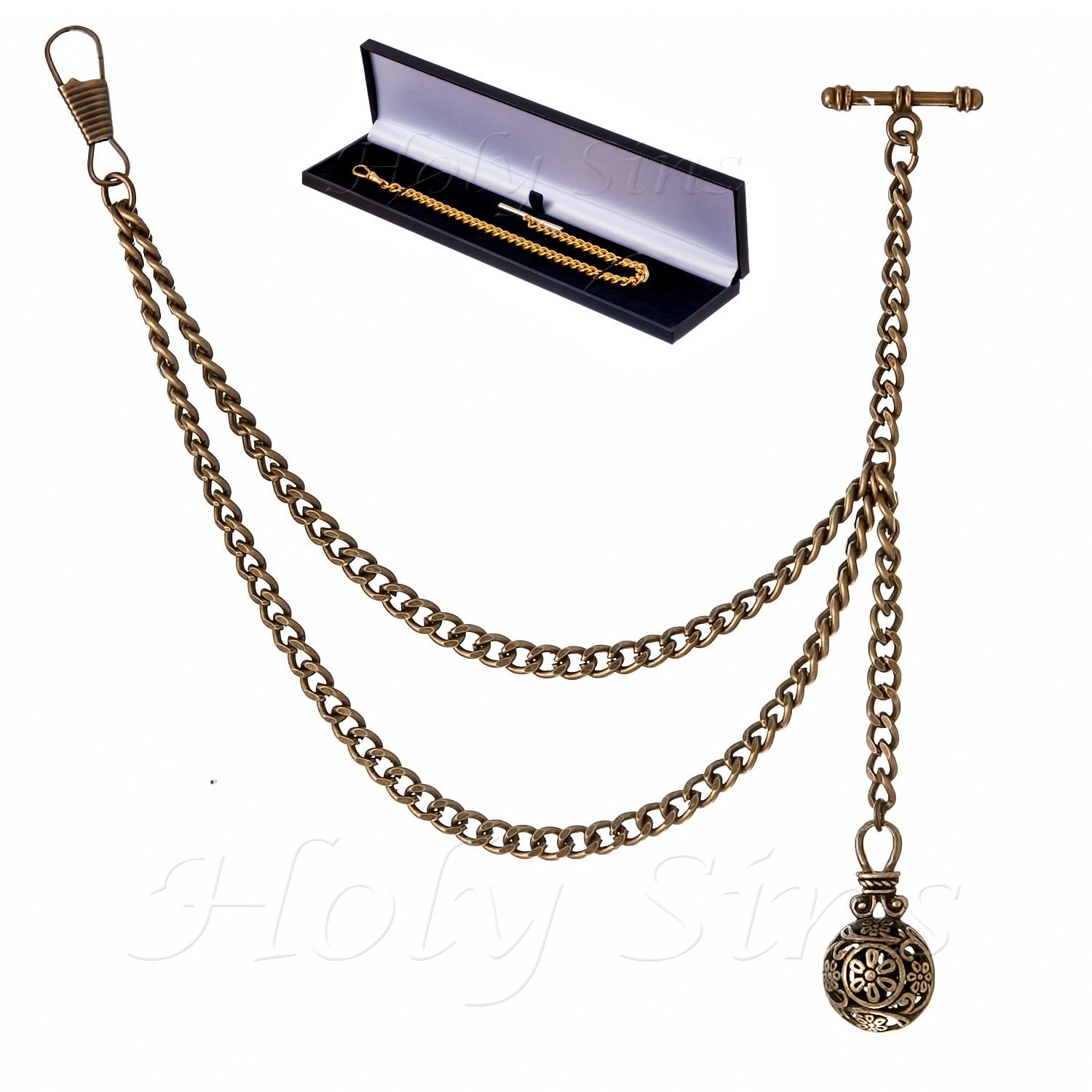 Catena Per Orologio Da Tasca Vintage - Chain Albert In Metallo Bronzo 37cm Con Chiusura Girevole - Foto 3