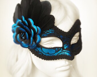 Metallic Blue & Black Lace Masquerade Mask  -  Blue Venetian Mask With Feathers And Rose - Blue Lace Masquerade Ball Mask - Black Lace Mask