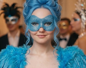Glitter Blue Masquerade Mask  -  Shimmering Blue Venetian Style Halloween Mask - For Masquerade Ball, Prom, Costume Party, Wedding