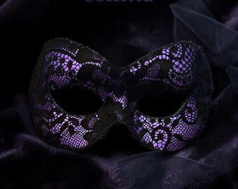 Black & Metallic Purple Lace Masquerade Mask - Venetian Style Carnival And Ball Accessory