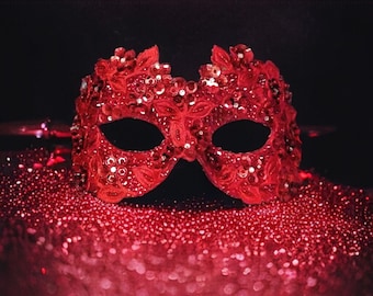 Sequined Red Masquerade Mask With Rhinestones And Embroidery - Embellished Venetian Style Eye Mask - For Prom, Costume Party, Mardi Gras