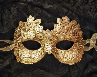Sequined Gold Masquerade Mask With Rhinestones And Embroidery - Embellished Venetian Style Halloween Mask For Prom, Costume Party, Wedding