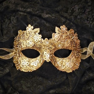 Sequined Gold Masquerade Mask With Rhinestones And Embroidery - Embellished Venetian Style Halloween Mask For Prom, Costume Party, Wedding