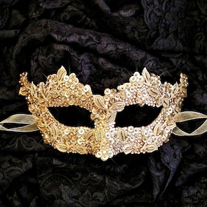 Sequined Gold Masquerade Mask With Rhinestones And Embroidery - Embellished Venetian Style Gold Masquerade Ball Mask