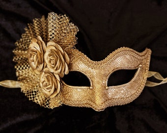 Metallic Gold Masquerade Mask With Fabric Roses -   Lace Covered Venetian Style Gold Masquerade Ball Mask With Flowers