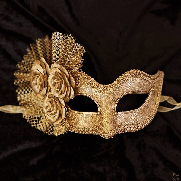 Metallic Gold Masquerade Mask With Fabric Roses -   Lace Covered Venetian Style Gold Masquerade Ball Mask With Flowers