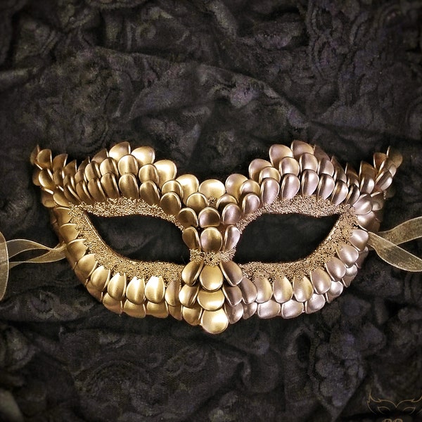 Gold Masquerade Mask With Dragon Scales -  Metallic Gold Venetian Mask - Gold Masquerade Ball Mask