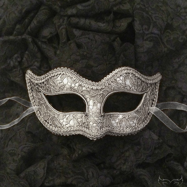 Silver Lace Covered Masquerade Mask -  Venetian Style Silver Halloween Mask - For Masquerade Ball, Prom, Costume Party, Wedding