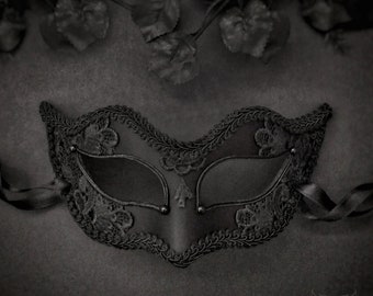 Black Applique Embroidery Covered Masquerade Mask -  Venetian Style Halloween Mask - For Masquerade Ball, Prom, Costume Party, Wedding