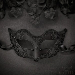 Black Applique Embroidery Covered Masquerade Mask -  Venetian Style Halloween Mask - For Masquerade Ball, Prom, Costume Party, Wedding