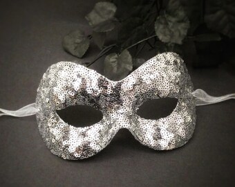 Silver Sequin Masquerade Mask - Shimmering Venetian Style Halloween Mask - For Masquerade Ball, Prom, Costume Party, Wedding, Mardi Gras