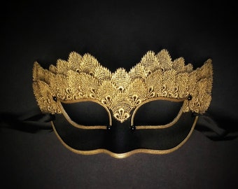 Black & Gold Lace Masquerade Mask - Venetian Style Halloween Mask With Embroidery - For Masquerade Ball, Prom, Costume Party, Wedding