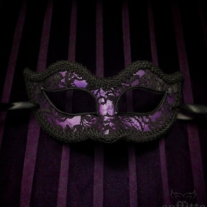 Metallic Purple And Black Lace Masquerade Mask  -  Purple Venetian Mask Decorated With Black Lace - Purple Lace Masquerade Ball Mask