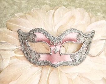 Pink & Silver Applique Embroidery Covered Masquerade Mask - Venetian Style Halloween Mask - For Masquerade Ball, Prom, Cosplay, Wedding