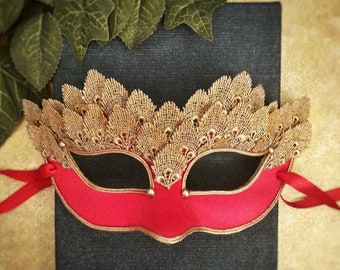 Red & Gold Lace Masquerade Mask - Venetian Style Halloween Mask With Embroidery - For Masquerade Ball, Prom, Costume Party, Wedding