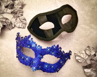 Blue And Black Couples Masquerade Mask - Embellished Masquerade Ball Mask For Women And Men - Bride And Groom's Mask