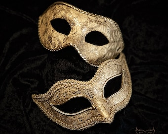 Venetian Style Gold Couple's Masquerade Mask - Gold Lace Masquerade Ball Mask For Women And Men - Bride And Groom's Mask