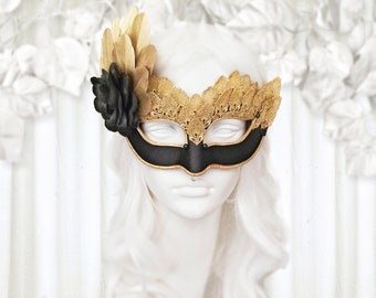 Black & Gold Lace Masquerade Mask - Venetian Style Halloween Mask With Feathers - For Masquerade Ball, Prom, Costume Party, Wedding