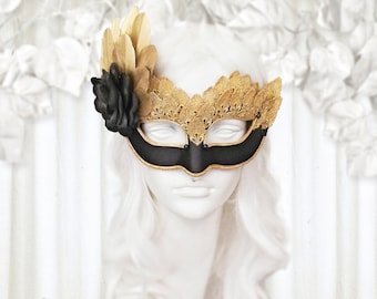 Black & Gold Lace Masquerade Mask - Venetian Style Halloween Mask With Feathers - For Masquerade Ball, Prom, Costume Party, Wedding