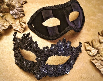 Black Beaded And Velvet Couples Masquerade Mask - Embellished  Costume Accessory For Women And Men, Bride & Groom