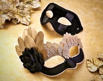 Black & Gold Couple's Masquerade Mask With Feathers - Masquerade Ball Mask For Women And Men - Bride And Groom's Mask - Masquerade Wedding