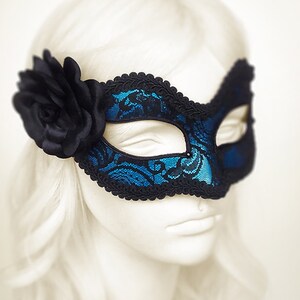 Blue And Black Lace Masquerade Mask  -  Blue Venetian Mask With Black Lace And Rose - Blue Lace Masquerade Ball Mask - Blue Mardi Gras Mask