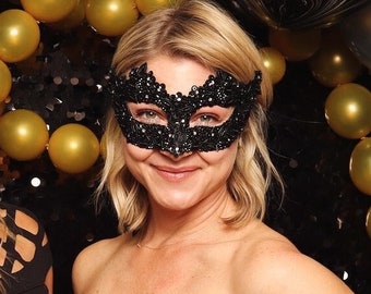 Sequined Black Masquerade Mask With Rhinestones And Embroidery - Embellished In Venetian Style