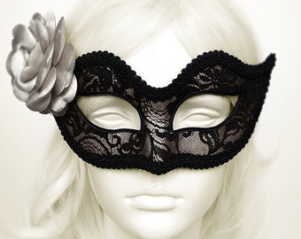 Silver And Black Lace Masquerade Mask  -  Silver Venetian Mask Decorated With Black Lace And Silver Rose - Silver Lace Masquerade Ball Mask