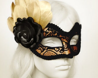 Gold And Black Lace Masquerade Mask In Venetian Style With Feathers And Satin Rose