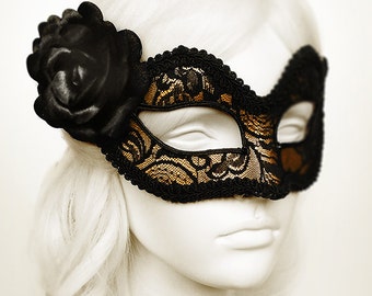 Gold And Black Lace Masquerade Mask  -  Gold Venetian Mask Decorated With Black Lace And Black Satin Rose - Gold Lace Masquerade Ball Mask