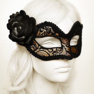 Gold And Black Lace Masquerade Mask  -  Gold Venetian Mask Decorated With Black Lace And Black Satin Rose - Gold Lace Masquerade Ball Mask