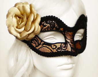 Gold And Black Lace Masquerade Mask  -  Gold Venetian Mask Decorated With Black Lace And Gold Satin Rose - Gold Lace Masquerade Ball Mask