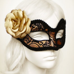 Gold And Black Lace Masquerade Mask  -  Gold Venetian Mask Decorated With Black Lace And Gold Satin Rose - Gold Lace Masquerade Ball Mask