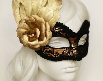Gold And Black Lace Masquerade Mask  -  Gold Venetian Mask With Gold Feather And Gold Rose- Gold Lace Masquerade Ball Mask - Black Lace Mask