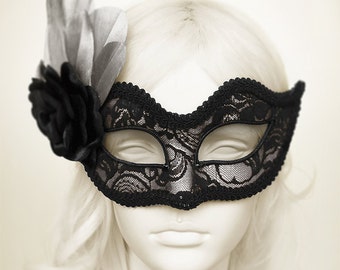 Silver And Black Lace Masquerade Mask  -  Silver Venetian Mask With Black Feather And Satin Rose- Silver Lace Masquerade Ball Mask