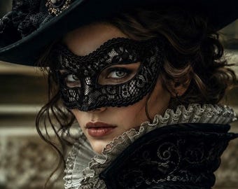 Silver And Black Lace Masquerade Mask  -  Silver Venetian Mask Decorated With Black Lace And Braided Trim - Silver Lace Masquerade Ball Mask