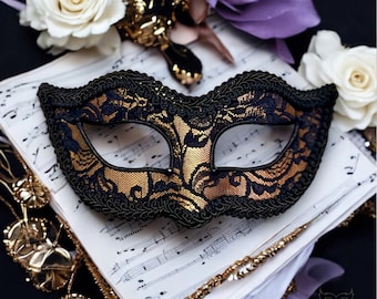 Gold And Black Lace Masquerade Mask  -  Gold Venetian Mask Decorated With Black Lace And Braided Trim - Gold Lace Masquerade Ball Mask