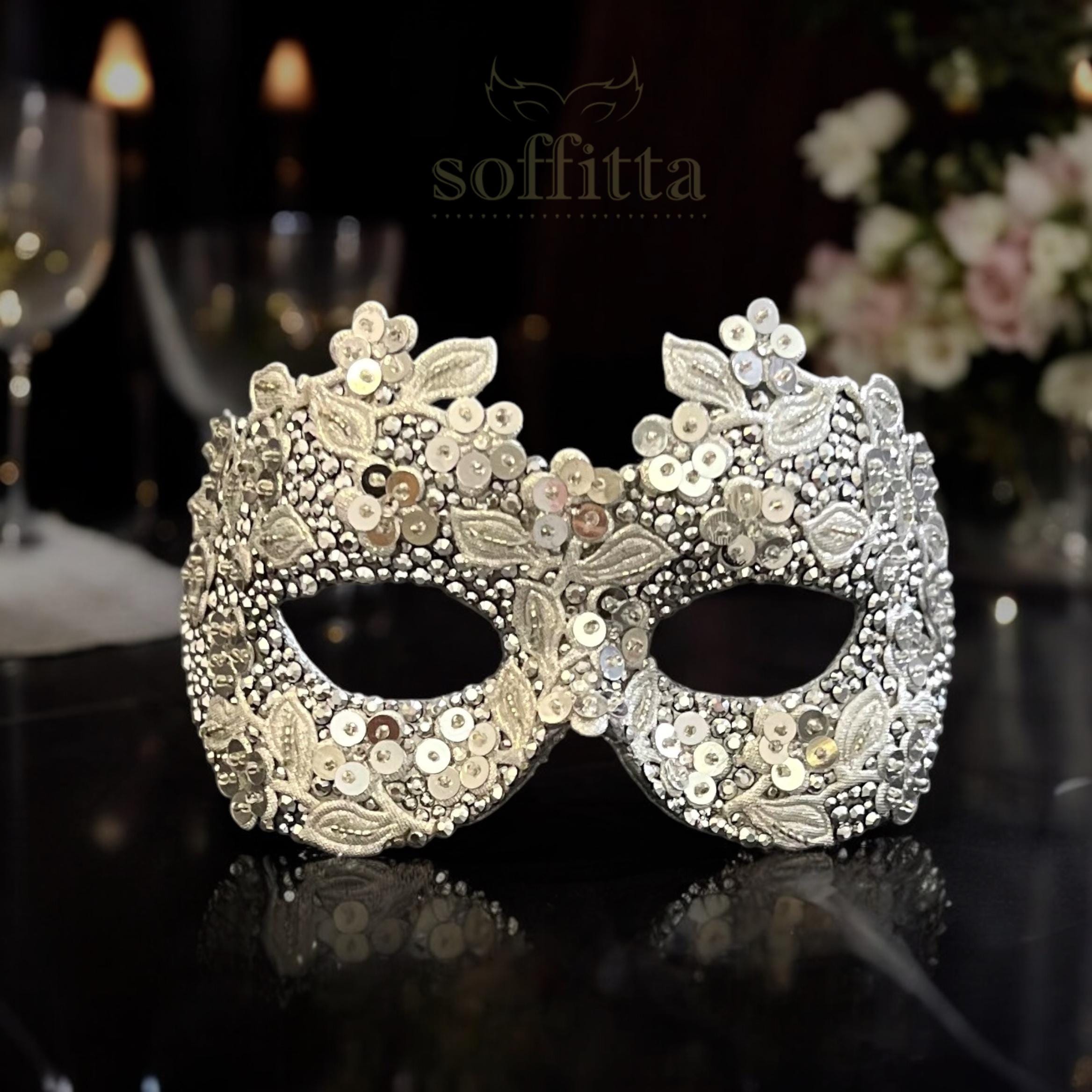 Sequined Silver Masquerade Mask With Rhinestones and 
