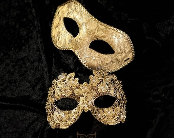 Venetian Style Gold Couple's Masquerade Mask - Gold Lace Masquerade Ball Mask For Women And Men - Bride And Groom's Mask